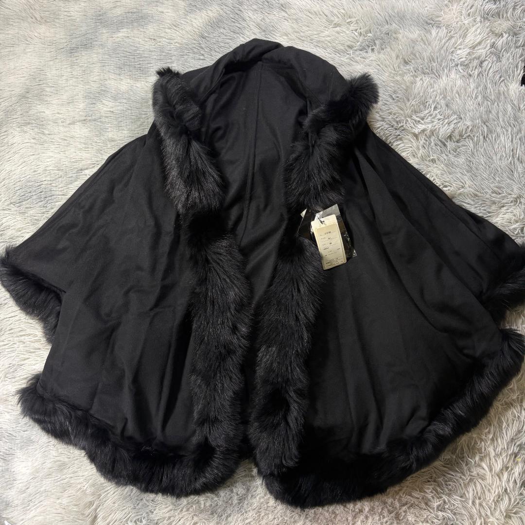 新品タグ付 サガファー ブルーフォックス カシミヤ100% ポンチョ 黒 M-L
