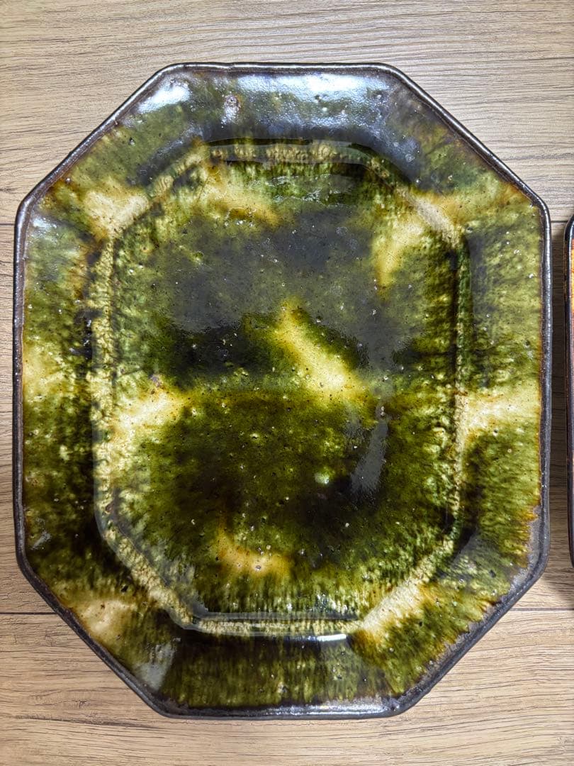 大沼道行 八角長皿 Lサイズ 織部(枝文)フチ黒 皮鯨 作家さん