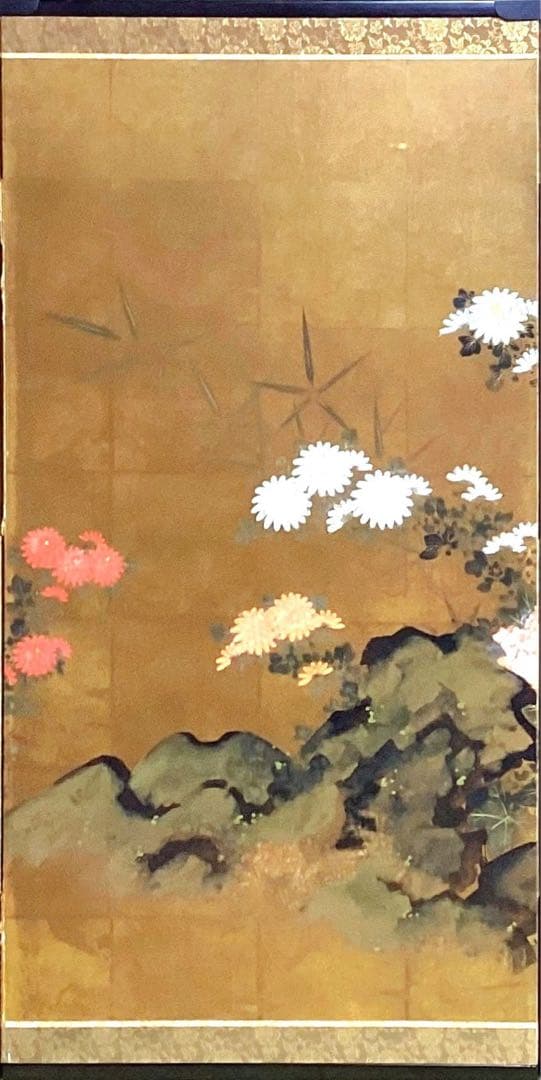 四つ折り屏風　日本画　金箔彩色　『菊にツワブキ』