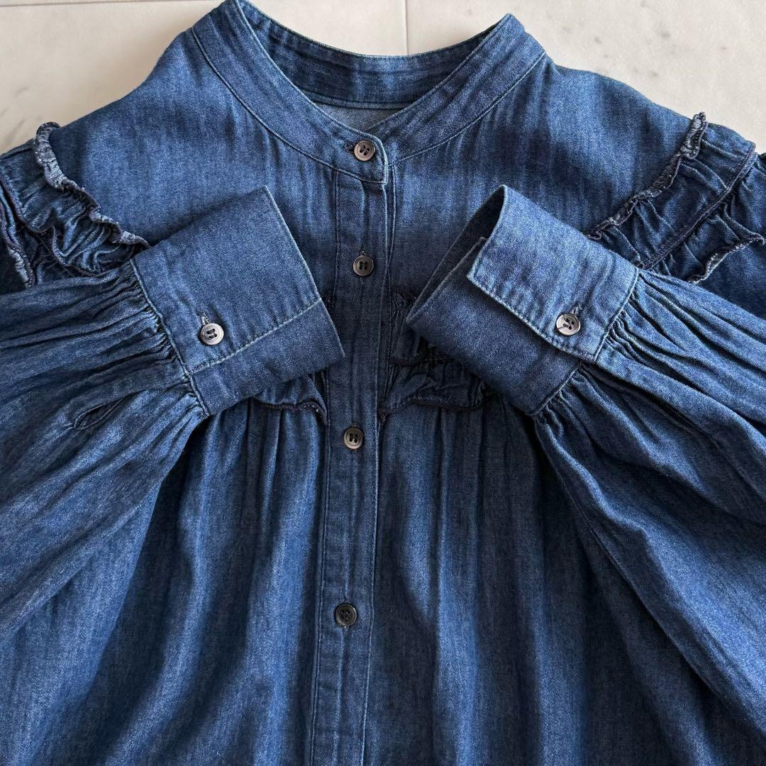 美品 シップス フリル ギャザー コットン ブルーデニムシャツ
