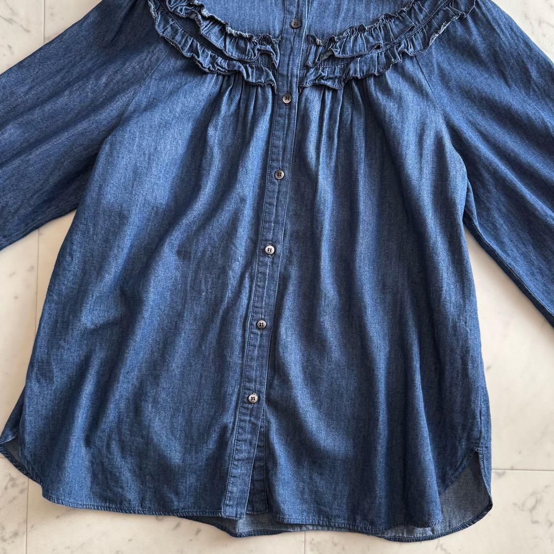 美品 シップス フリル ギャザー コットン ブルーデニムシャツ
