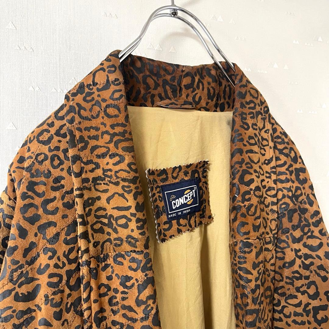 希少 古着 90's レザー ガウン ロングコート レオパード 一点物