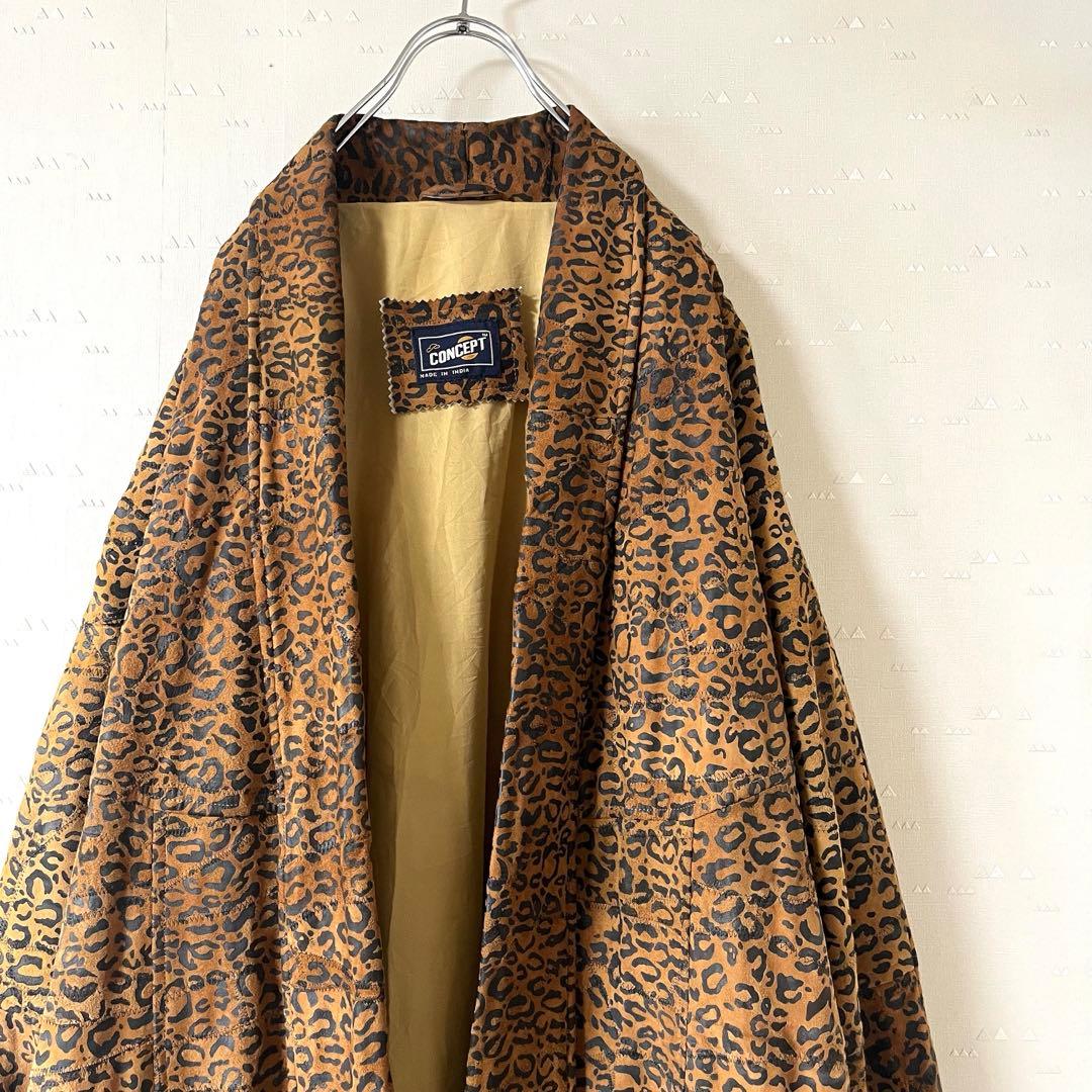 希少 古着 90's レザー ガウン ロングコート レオパード 一点物