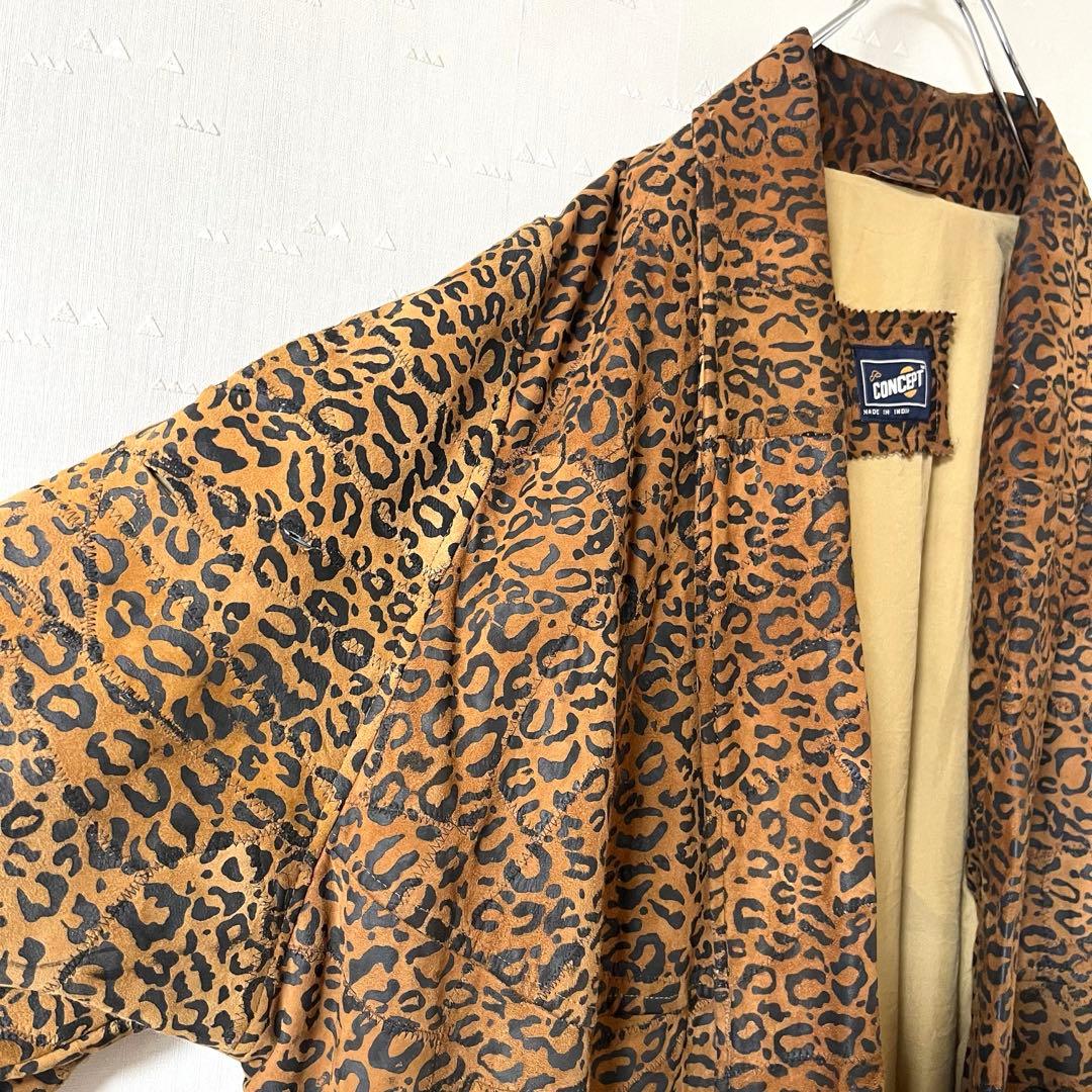 希少 古着 90's レザー ガウン ロングコート レオパード 一点物