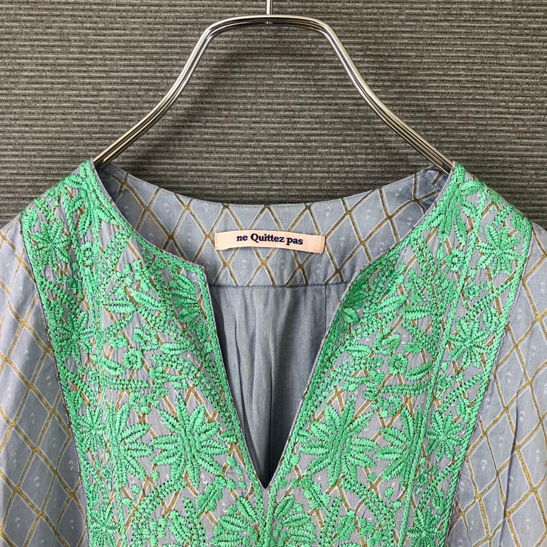 ヌキテパ DIA CHECK PRINT EMB DRESS S ライトブルー