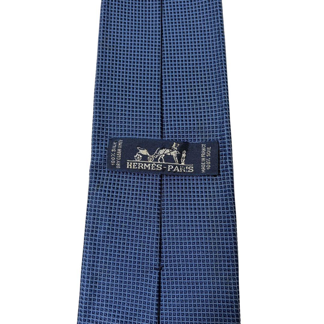 i*b様 HERMES エルメス ギンガムチェック シルク ネクタイ ブルー 青