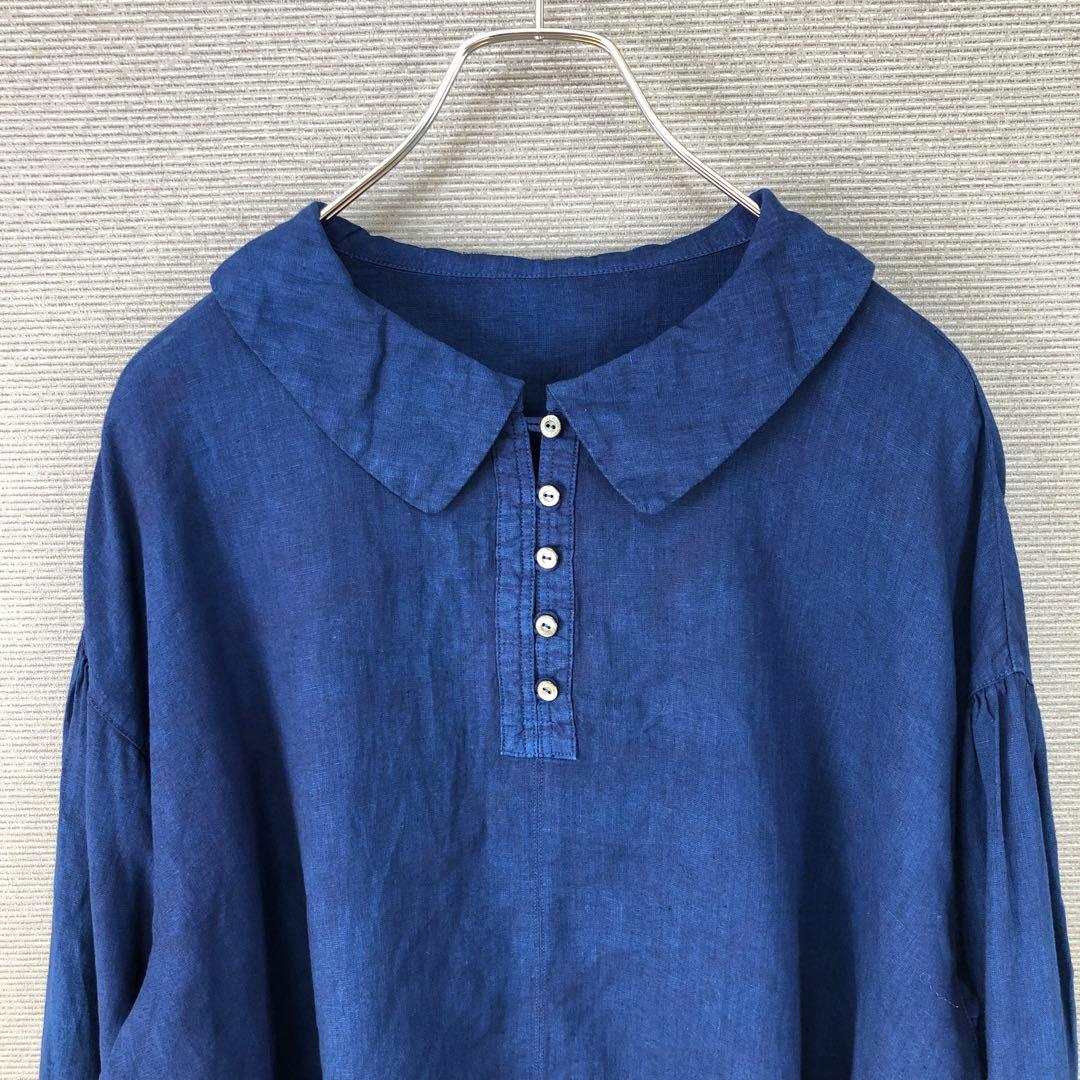 nest robe 2025SS 水撚りリネン襟付きブラウス インディゴブルー