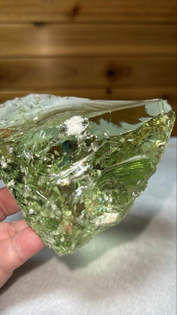 ⑤希少色 ジャワ島産火山性ガラス レモンライム クリストバライト結晶 原石かち割