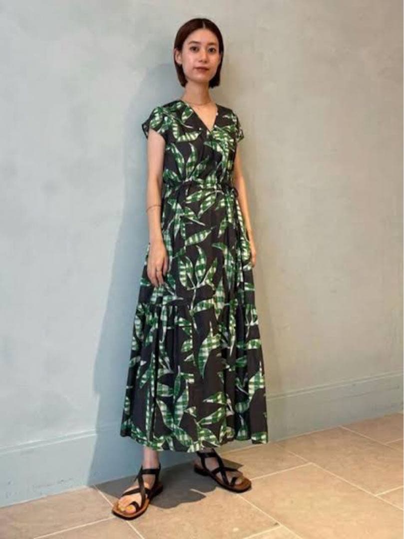Ballsey 34 プラッドリーフプリント カシュクールワンピース