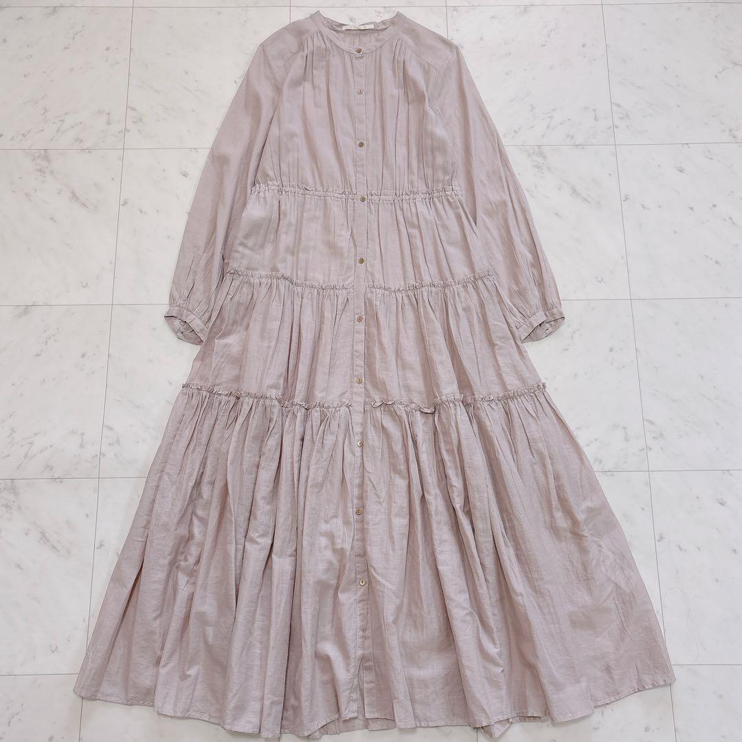 極美品✨ヌキテパ　コットンボイルワンピース　ティアード　マキシ丈　ピンクベージュ