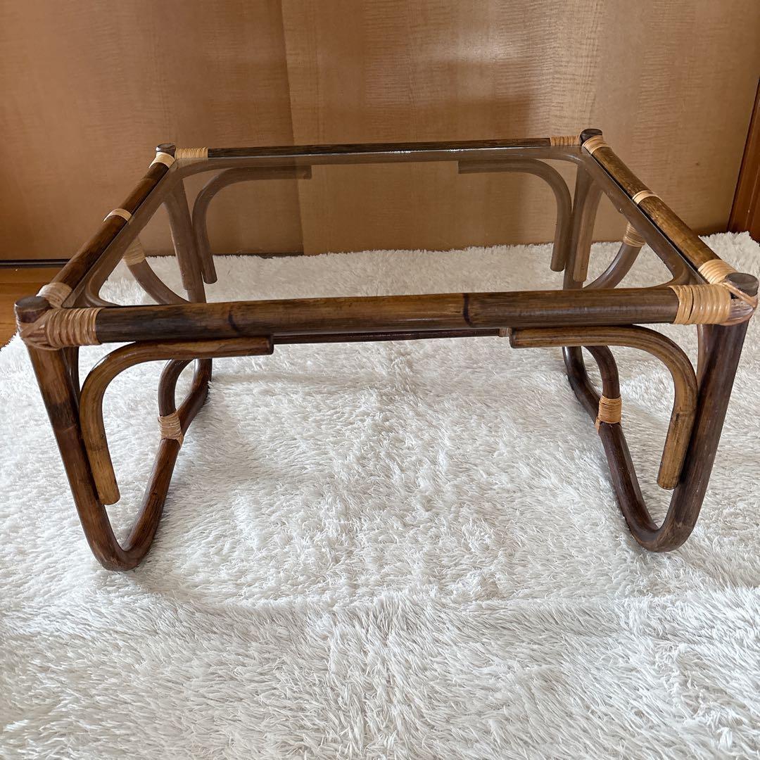 ハートランド様リクエスト品】ヴィンテージ ガラス ラタン 籐 テーブル コーヒ