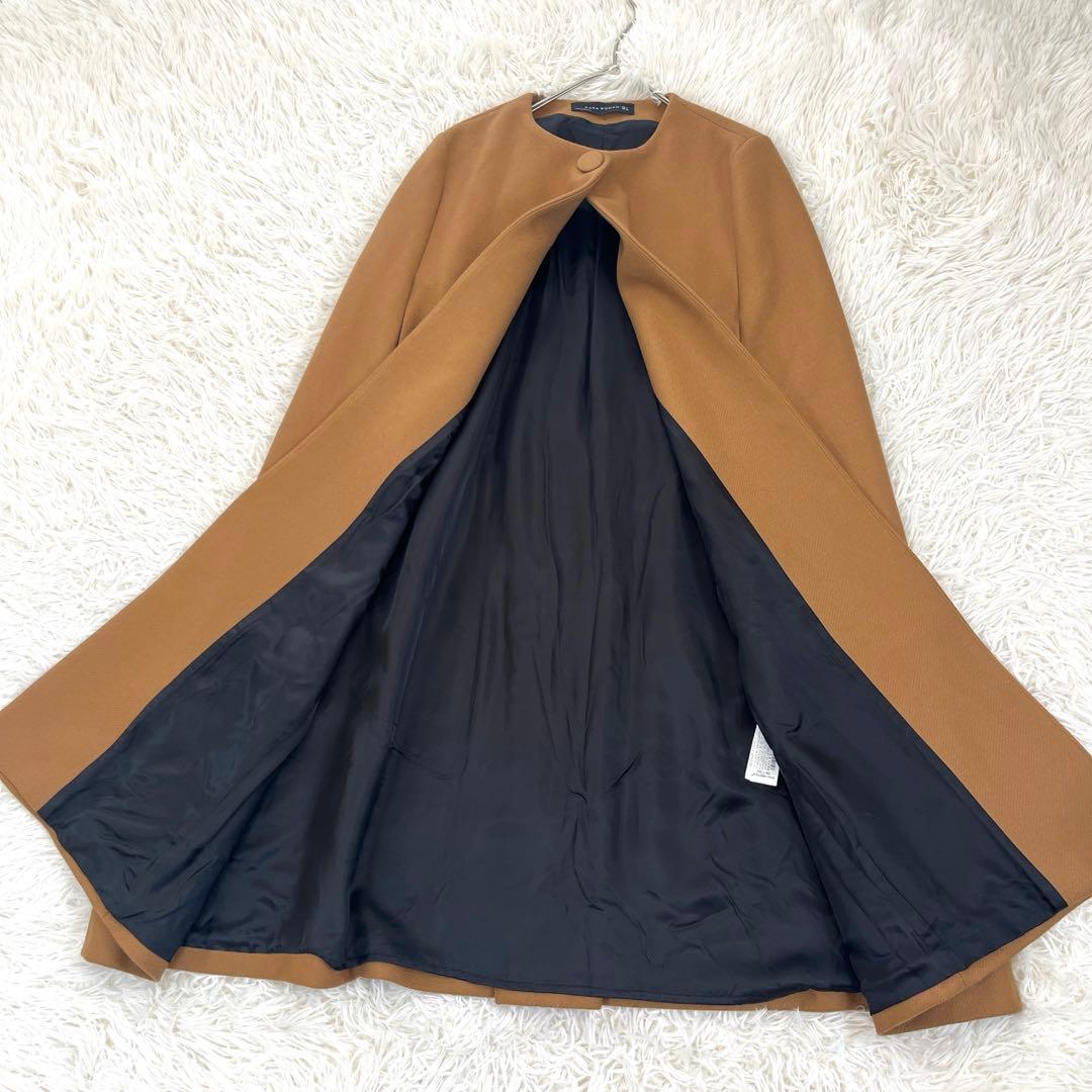 美品 ザラ オーバーサイズ ポンチョ ケープ ノーカラーコート キャメル フレア