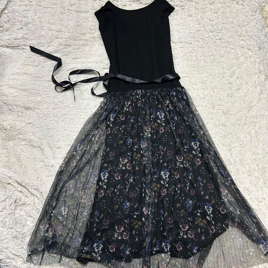 美品 ストレッチ【ローラアシュレイ】花柄 チュール ワンピース 40(L)ロング