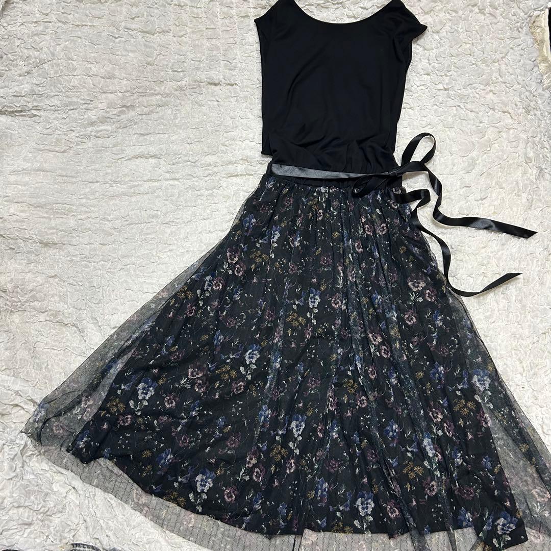 美品 ストレッチ【ローラアシュレイ】花柄 チュール ワンピース 40(L)ロング