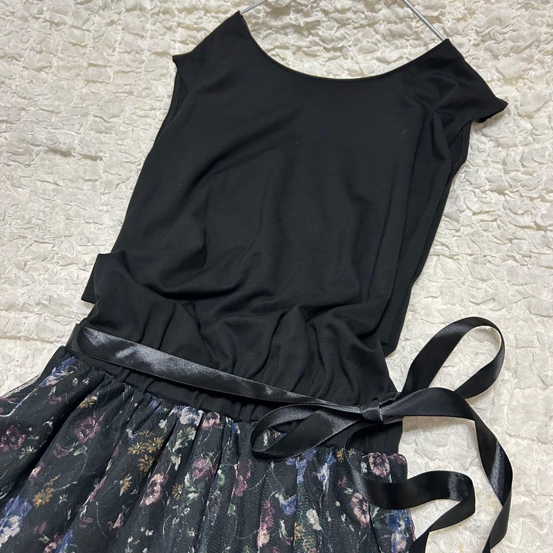 美品 ストレッチ【ローラアシュレイ】花柄 チュール ワンピース 40(L)ロング