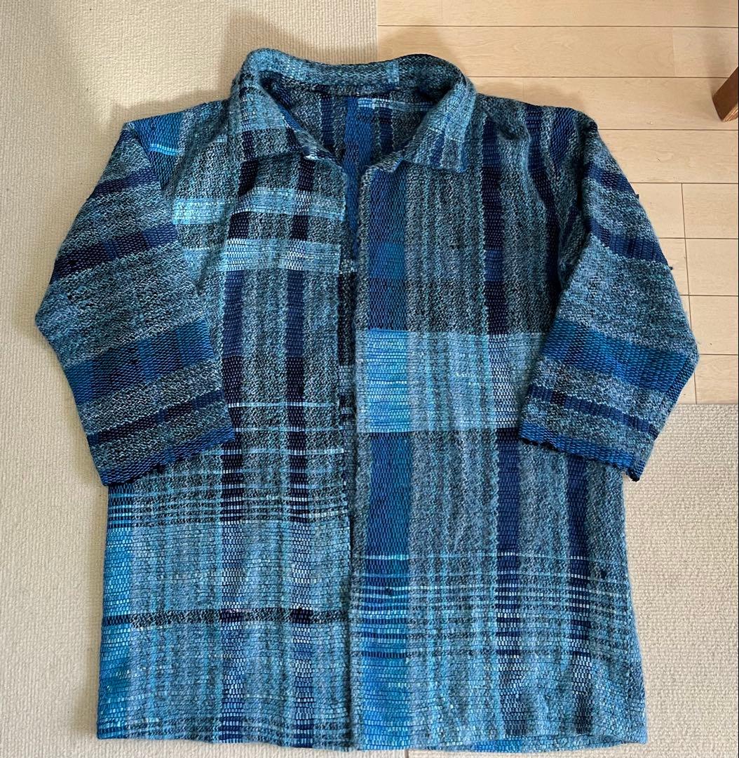 ◆裂き織り 羽織りジャケット コート L ブルー青 藍色 USED◆