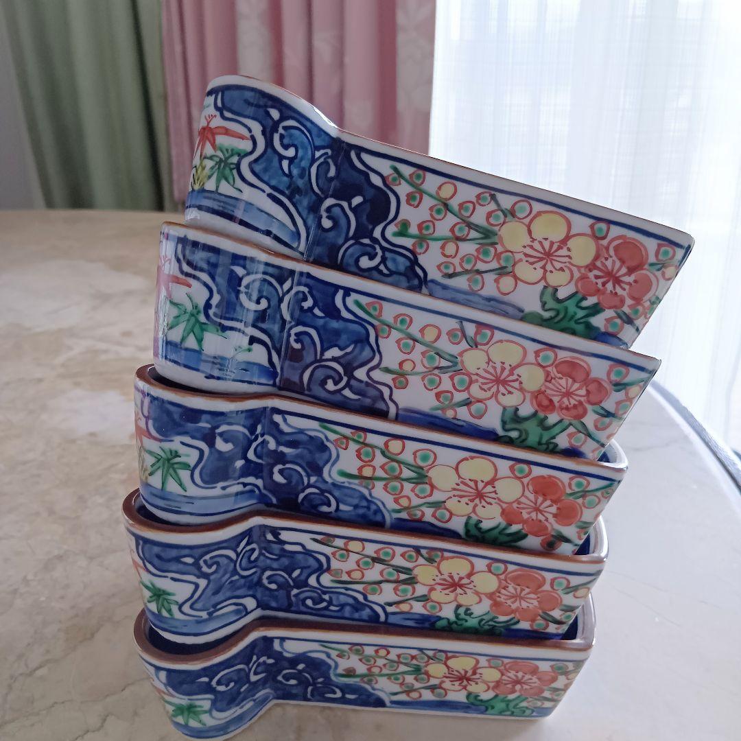 【新品未使用品】清水焼・京焼☆京泉☆扇面皿☆四季折々の草花柄☆山水画☆５枚セット