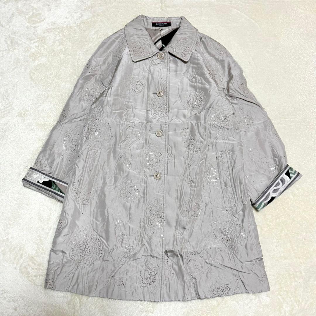 美品 レオナール トリム 裏地花柄 スパンコール シルク100% アウター