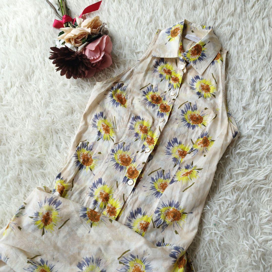 美品✨ヴァレンティノ　ノースリーブシャツワンピース　花柄　ウエストリボン　38