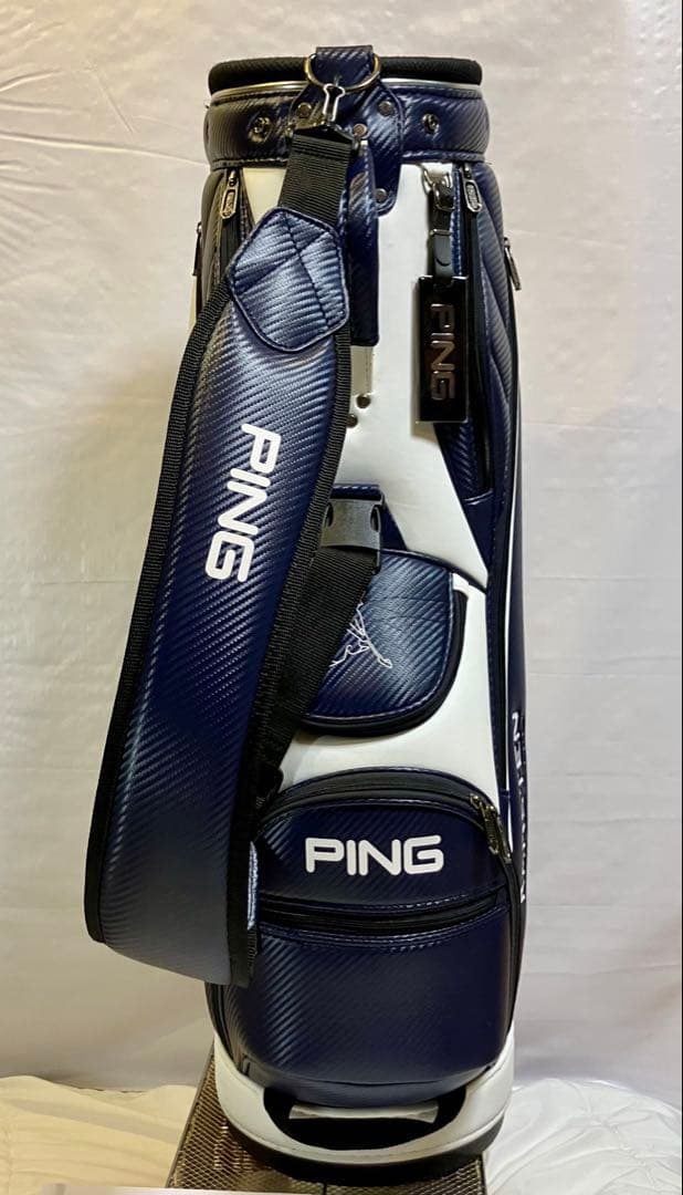 PING キャディバッグ　ネイビー×ホワイト　PING白抜き文字　9型