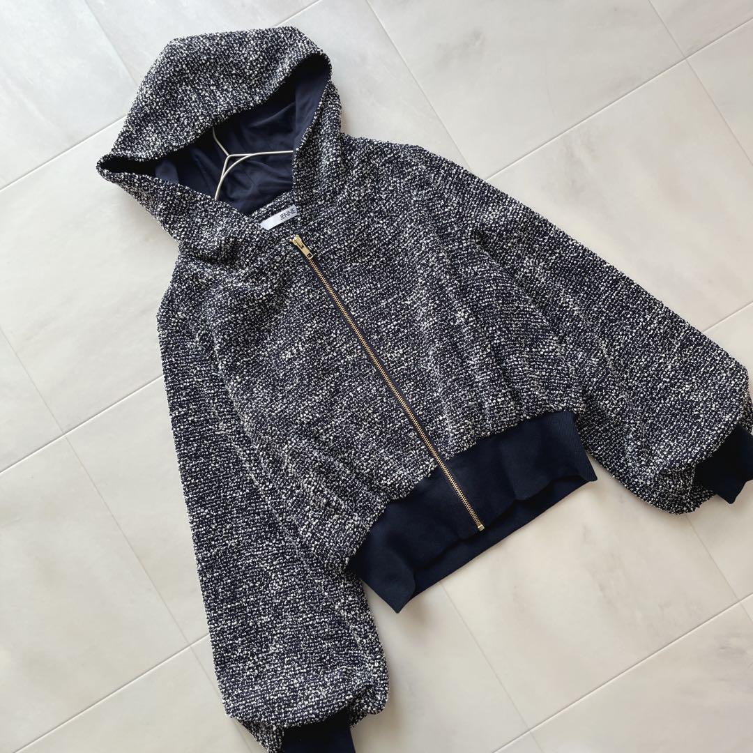 JENNE ジェンヌ ツイード風リラックスパーカー S ネイビー 美品 フード付