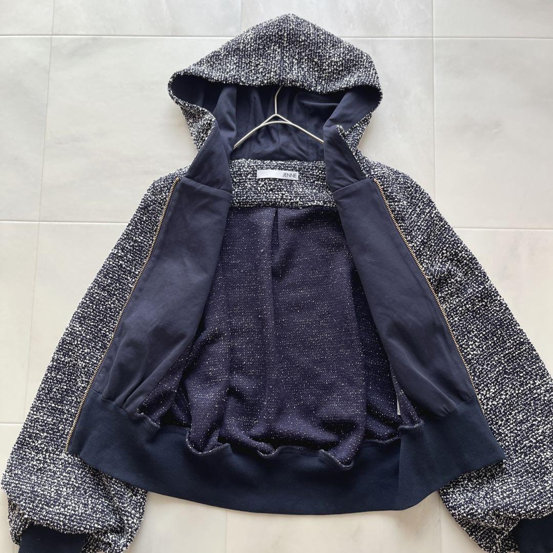 JENNE ジェンヌ ツイード風リラックスパーカー S ネイビー 美品 フード付