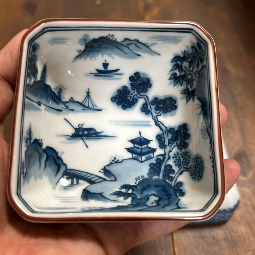 前畑陶器　庫山窯　染付山水画　角皿揃　八角皿　小皿5枚　銘々皿5枚　①