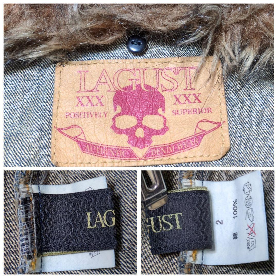 【LAGUST】ファー付きデニムジャケット☆Y2K☆ダメージ加工☆スタッズ☆赤耳