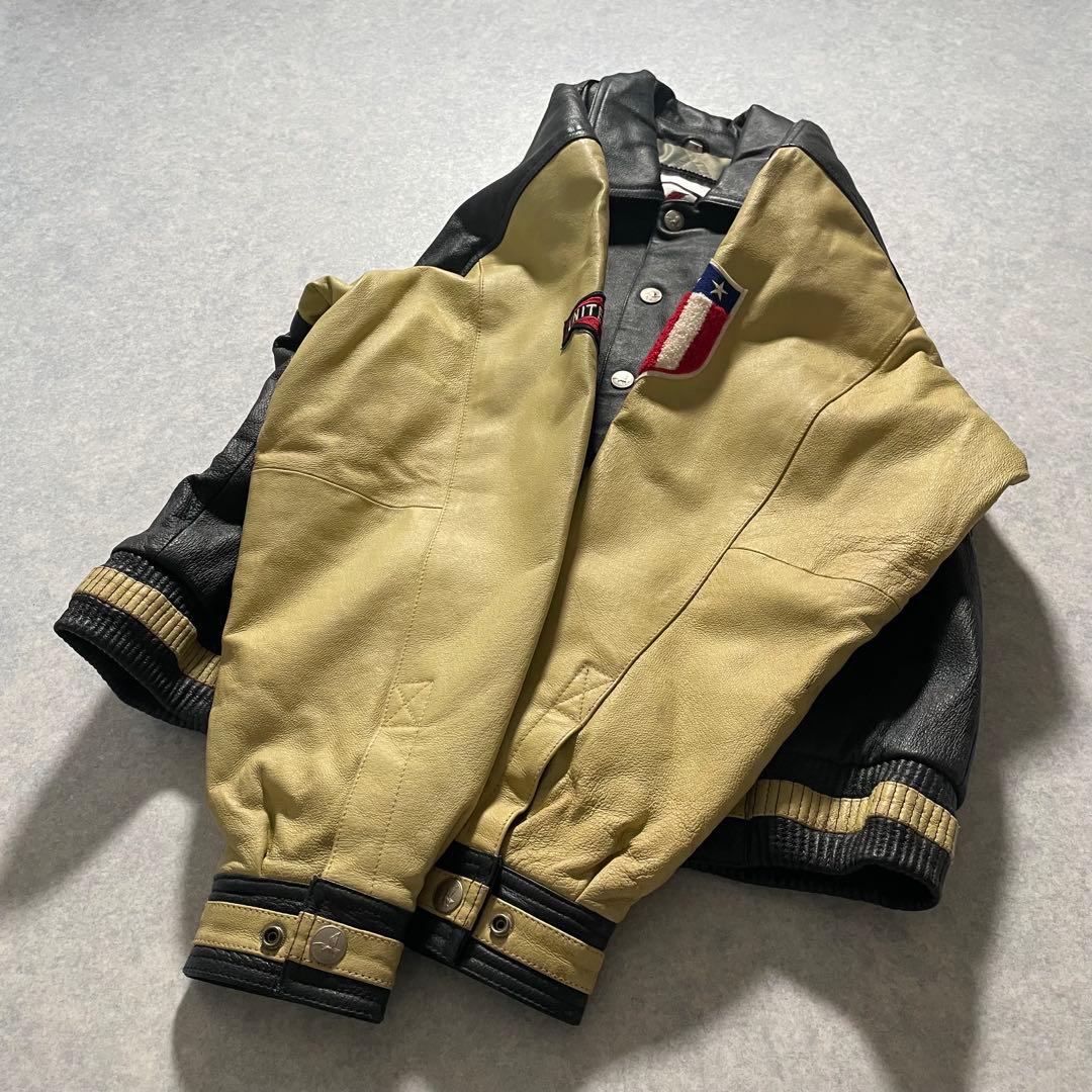90s オールレザー スタジャン 本革 襟付き バックロゴ 古着 アメカジ Ｍ
