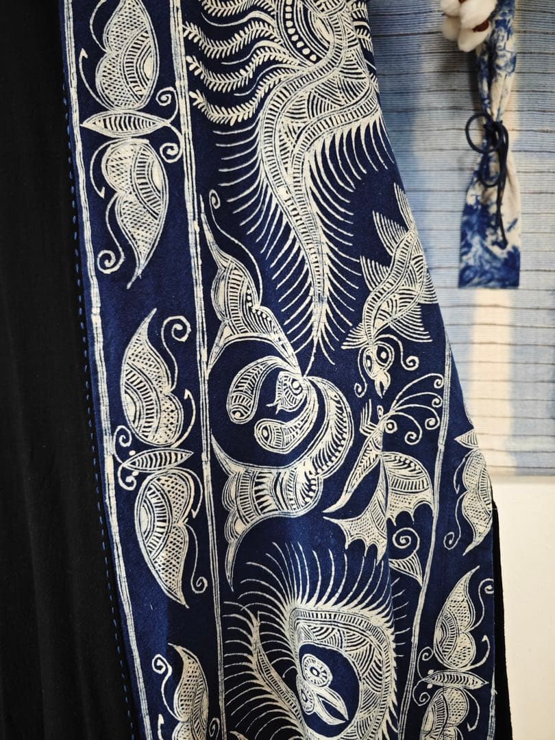 藍染　ろうけつ染め　刺し子パッチワークロングワンピース　ハンドメイド